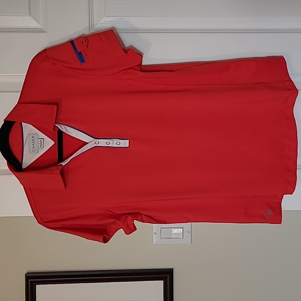CHASE 54 polo shirt, golf, active wear, red, with white and blue accents, LG